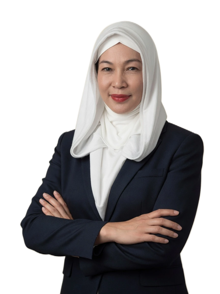 Fitriani Syarah mengenakan hijab putih dan blazer biru tua
